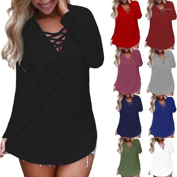 

fashion criss cross solid tunic blouse shirt loose v-neck tee casual winter ladies female women long sleeve blusas pullover1, White