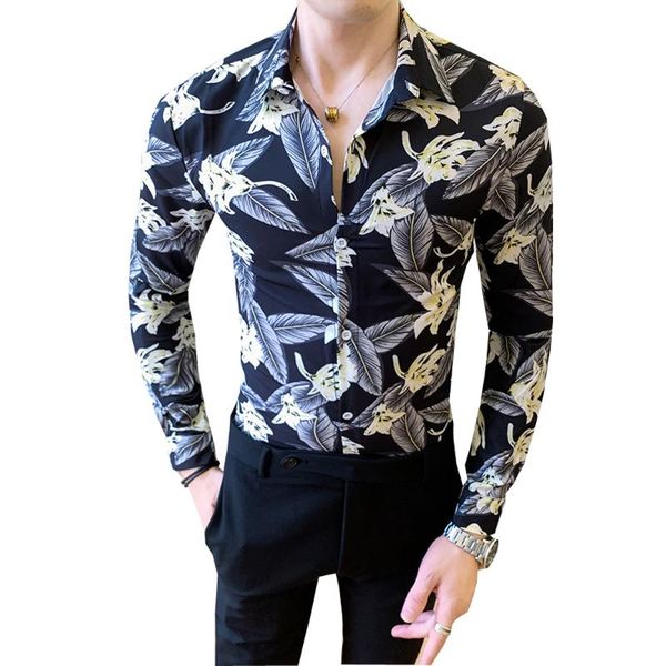 

social youth shirts new men's shirts slim fit long sleeve printed shirt spring autumn business man party nightclub clothing, White;black