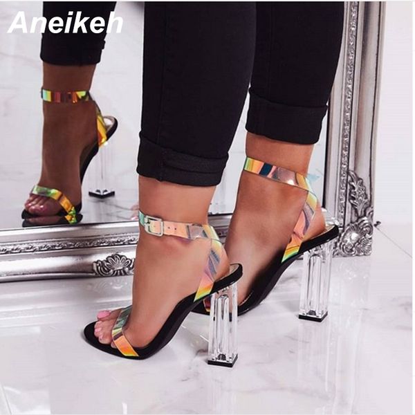 

aneikeh concise summer pu women sandals transparent buckle strap round toe clear glass square high heel dance black size 42 y200405