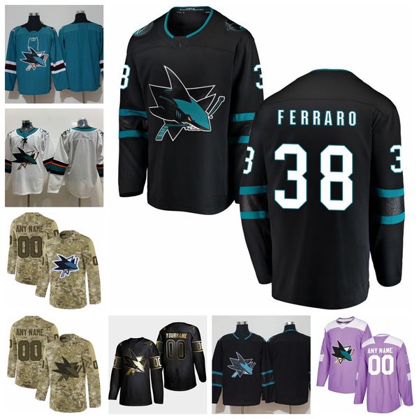 

2021 customize #38 mario ferraro san jose sharks jerseys golden edition camo veterans day fights cancer custom stitched hockey jerseys, Black;red