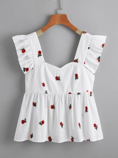 

ruffle trim floral embroidered peplum 87wb#, White