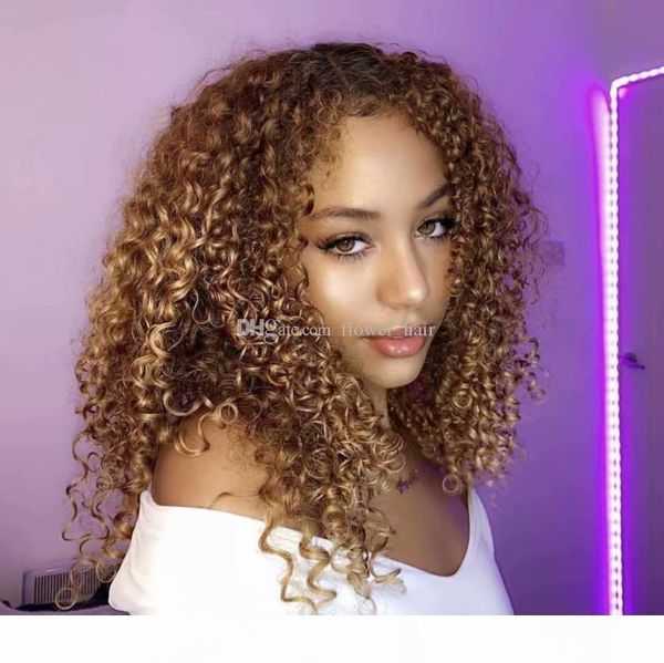 

180 density afro kinky curly blonde #27 human hair silk full lace front wigs for black women natural hairline, Black;brown