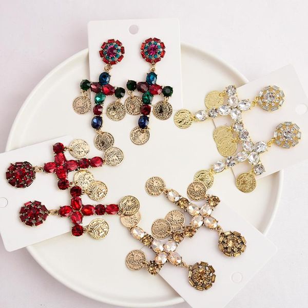 

2021 vintage golden coin rhinestone crystal big cross pendant long tassel hanging dangle earrings for women wedding party gift, Silver