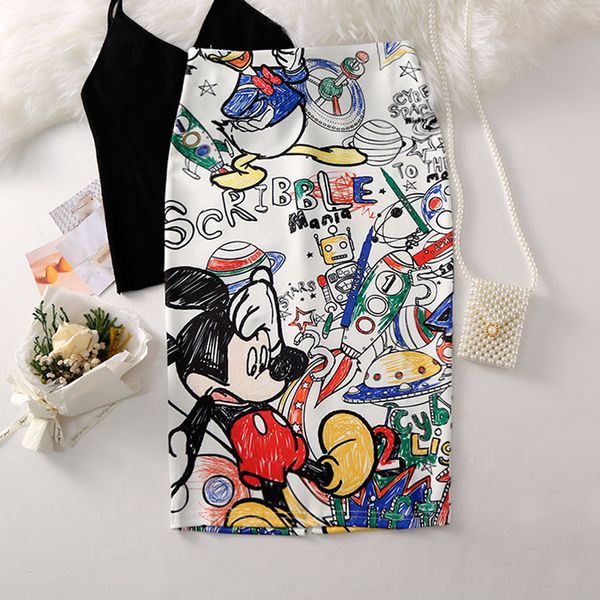 

women's skirts high waist cartoon print casual knee length harajuku kwaii stretchy pencil skirt bodycon y200326, Black