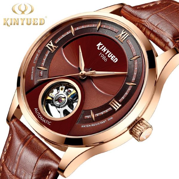 

kinyued fashions skeleton watch men automatic mechanical wrist watches mens waterproof leather sports relogio masculino 2020, Slivery;brown