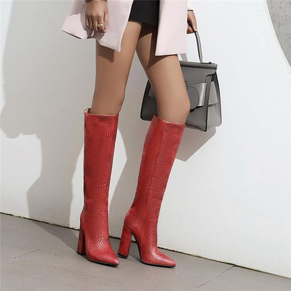 

boots ymechic fashion alligator pu leather pointed toe block high heel knee winter botas red womens shoes large size 35-43, Black