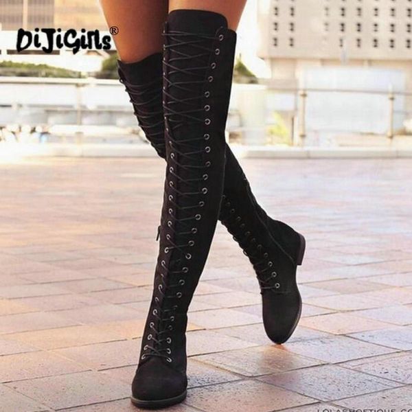 

boots dijigirls front lace-up casual thigh high fashion pointed toe platform winter ladies over the knee1, Black