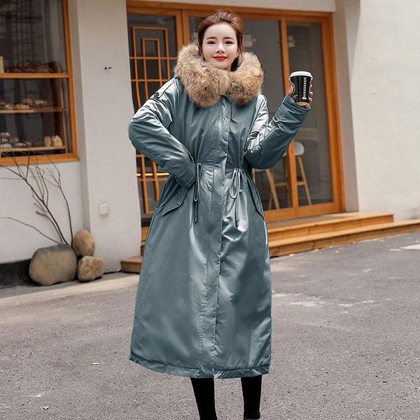 

women x-long colorful fur collar hooded oversize winter down coat thick warm jacket cotton padded wadded parkas big pocket, Black