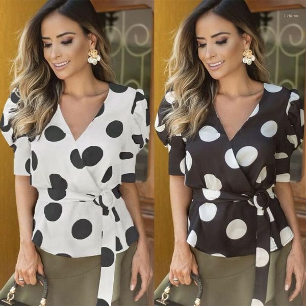 

summer womens shirts elegant blouse ploka dot puff short sleeve pullover belt blouse ladies casual slim v-neck t-shirt 1, White