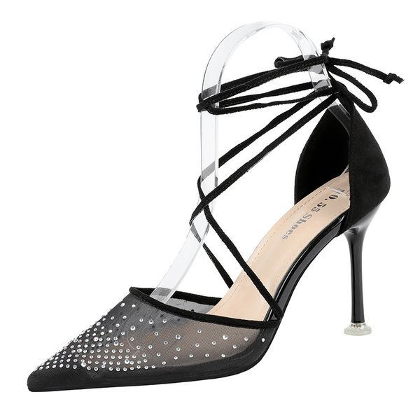 

2021 new -style fashion pointed toe heels knitted glass slippers cross-section sandals bow women's shoes sfrb, Black