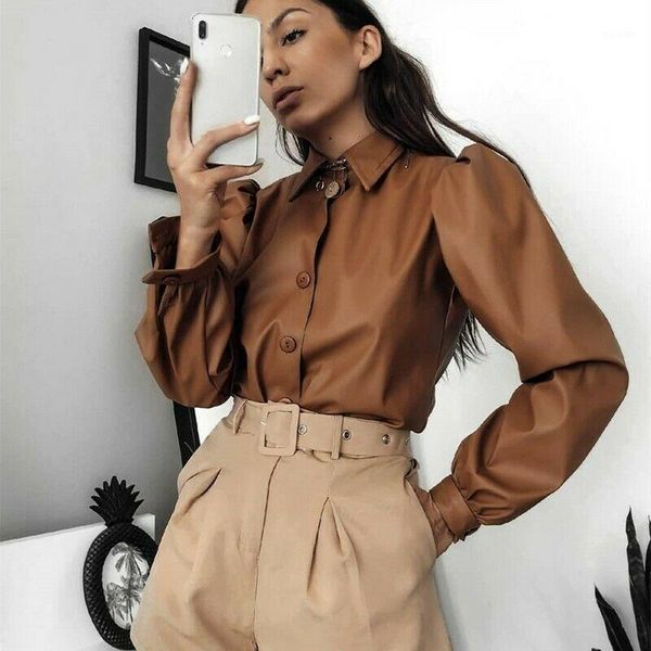 

winter women shirt long lantern sleeve solid brown faux leather turn out neck ladies casual blouse clothing1, White