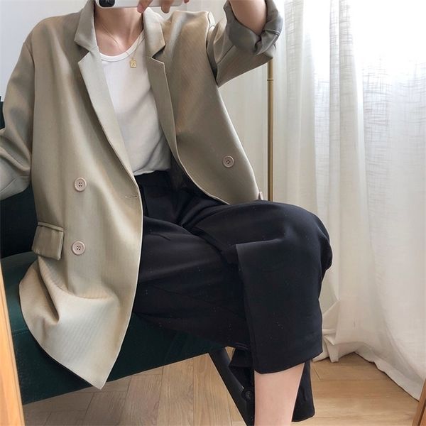 

yeeloca striped loose blazers full sleeve mid-length double-breasted notched casual suit coat autumn women korean loose lj201214, White;black