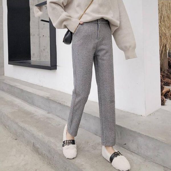 

2019 new autumn women solid elegant woolen pants office lady herringbone loose pants female high waist leggings, Black;white