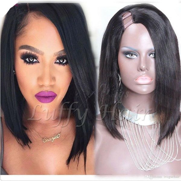 

short straight u part bob wig human hair virgin brazilian remy human hair wig middle right left u part 1"x4, Black;brown