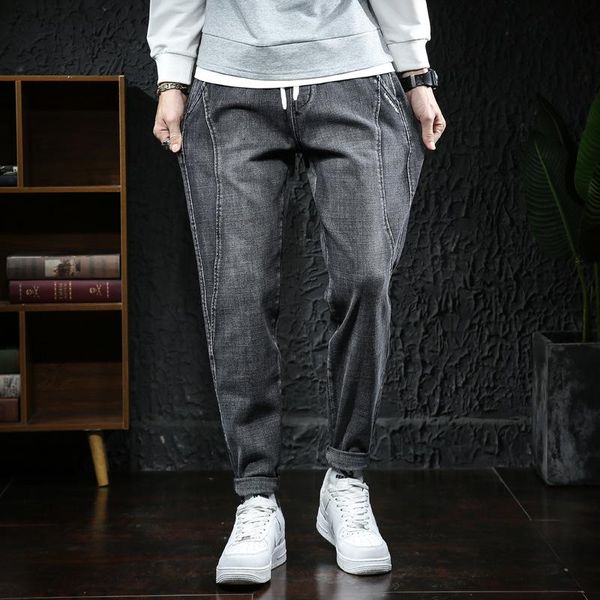 

men's jeans large size s-7xl foot pants autumn and winter elastic waist tie rope distressed simple loose denim men, Blue