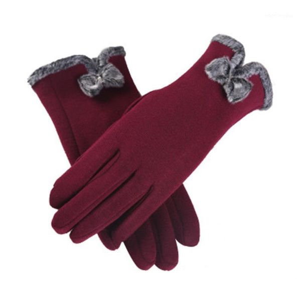 

five fingers gloves fashion women bow cotton touch screen glove winter female non inverted velvet thicken cashmere windproof warm driving mi, Blue;gray