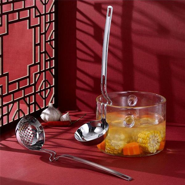 

spoons 2021 stainless steel long handle bending pot soup spoon hanging wall colander kitchen cooking tools porridge