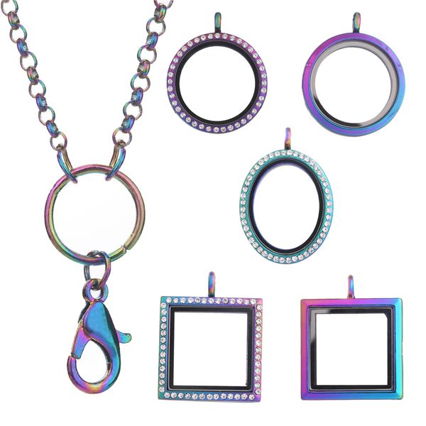 10 pçs / lote arco-íris cor redondo flutuante encantos medalhão pingente para mulheres colar Memória magnética medalhão de vidro viva com correntes y1220