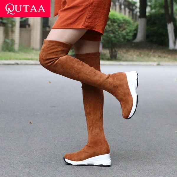 

qutaa 2021 over the knee women boots wedge heel round toe casual women shoes winter keep warm flock stretch long boots size34-43, Black