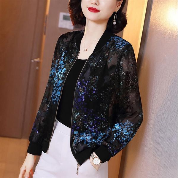 

plus size jackets women 2021 fashion summer womens print lace basic jacket thin bomber female jacket sunscreen clothes, Black;brown