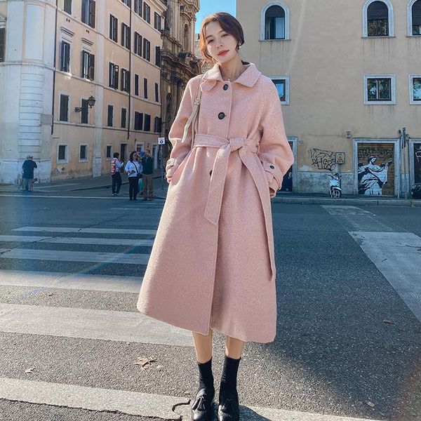 

women's wool & blends 2021 winter fashion women jacket solid color woolen coat female long korean version loose single-breasted pink bl, Black