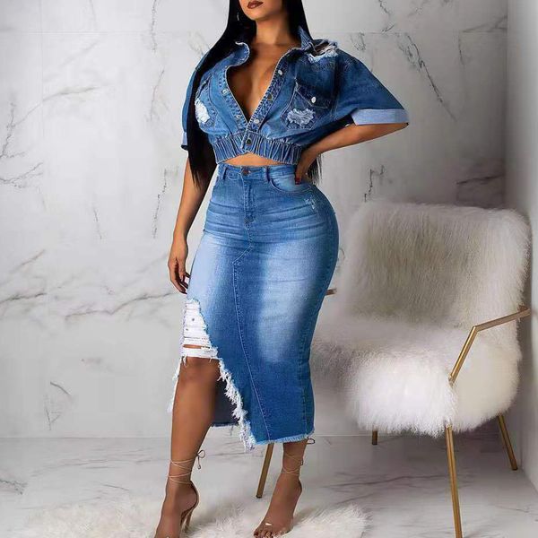 

2021 2xl african women two pieces together skirt torn denim midi jackets skirts 2 fashion clothing summers zz3w, Gray