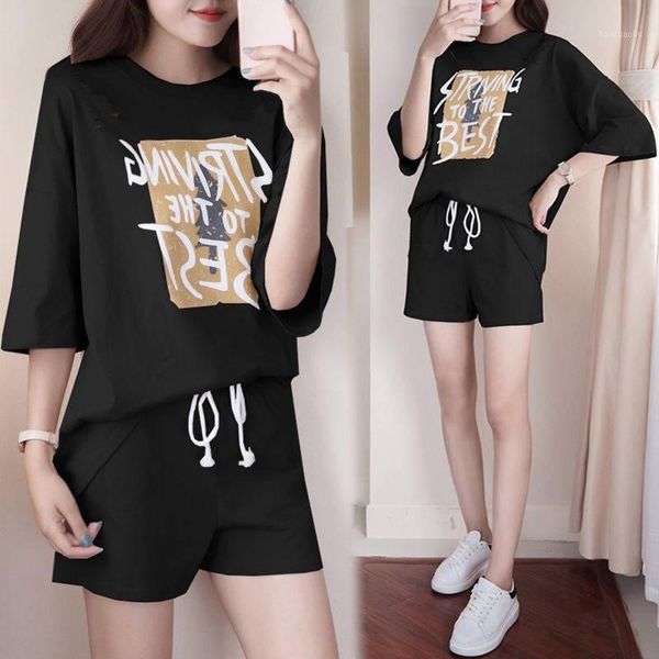 

girl's casual sports suit outdoor running loose two-piece suit shorts short-sleeved female breathable cool sportswear1, Black;blue