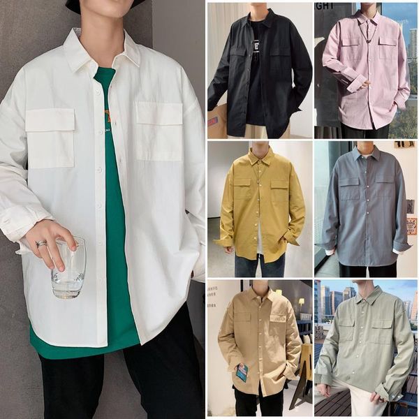 

2020 new cotton men's solid port-style casual and loose long sleeve shirt with oversized overalls 7 color 5xl1, White;black
