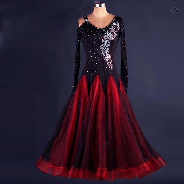 

selling women's ballroom dance competition standard ballroom dance performance rhinestone organza dress1, Black;red