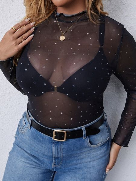 

plus star print lettuce trim see through mesh without bra 339t#, Black