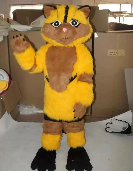 Costumi mascotte gatto peloso giallo Vestito da festa di fantasia di Halloween Personaggio dei cartoni animati Carnevale Natale Pasqua Pubblicità Costume da festa di compleanno