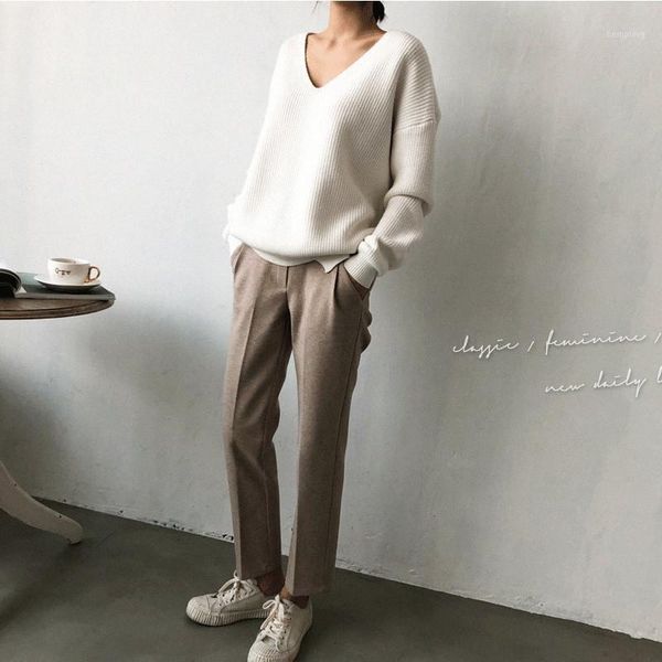 

womens sweaters 2020 autumn winter casual v neck women pullover sweater solid long sleeve fashion loose knitted cashmere, White;black