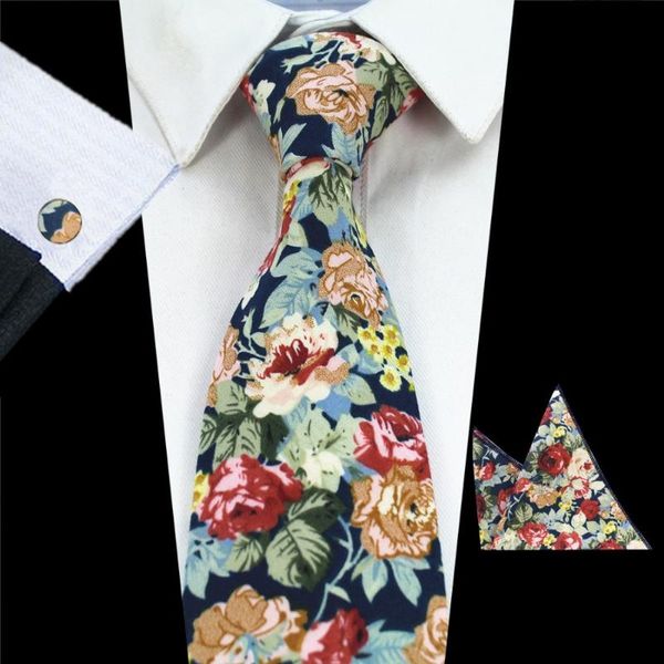 Gravatas Gravatas Rboco Design 8cm Laço de algodão Set Floral lenço e abotoaduras impressão de festa de casamento de negócios para homens