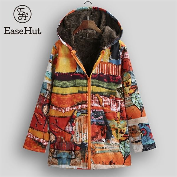 

easehut women vintage printed jacket coat faux fur lining hooded neckline long sleeve pocket outerwear plus size 3xl 5xl outwear 201210, Black;brown