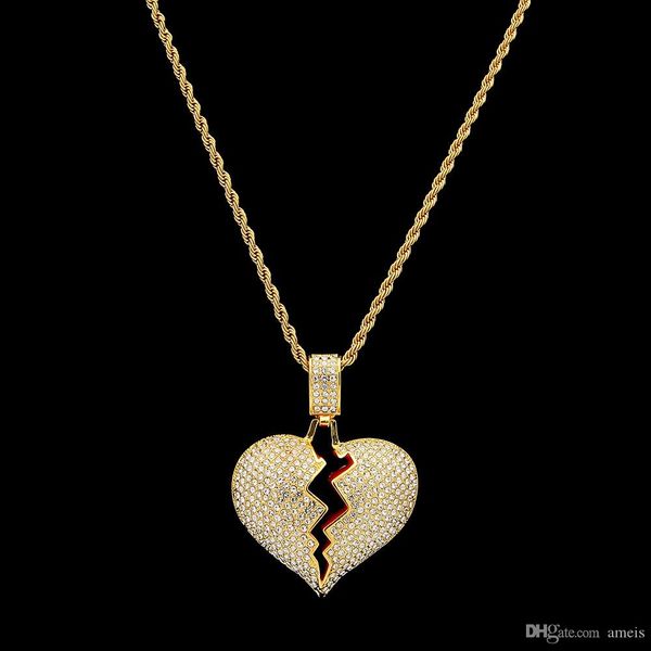 

iced out pendant mens gold chain pendants mens iced out hip hop chain pendants for men heart broken designer jewelry, Silver