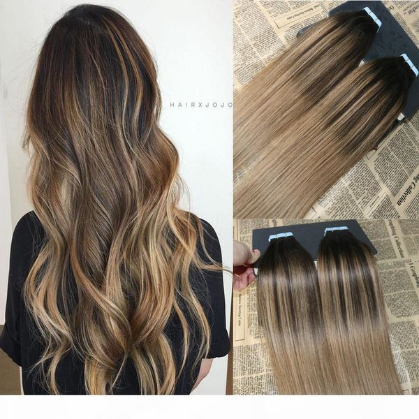 

ombre color #2 dark brown fading to #6 balayage skin weft human hair extensions tape in extensons slik straight 40pcs tape on hair, Black