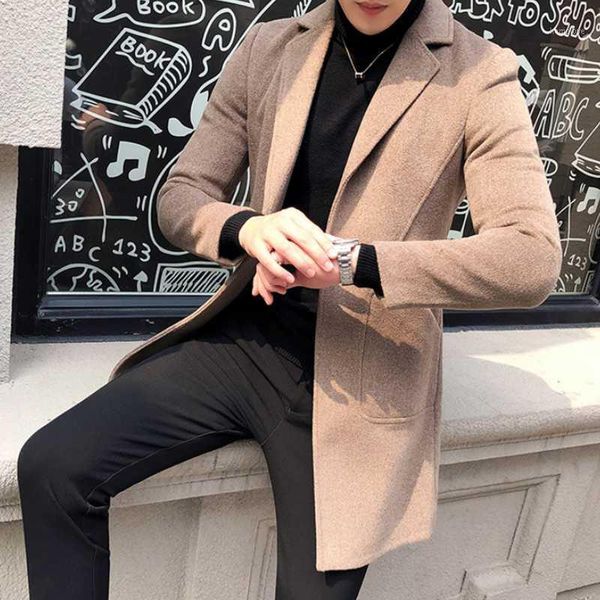 

fashion simple solid color winter men's new woolen coat mid-length suit jacket men's handsome business casual jacket1, Black