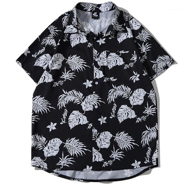 

2020 summer leaves print men shirt casual short sleeve turn down collar black men's blouse shirt streetwear lt0441, White;black