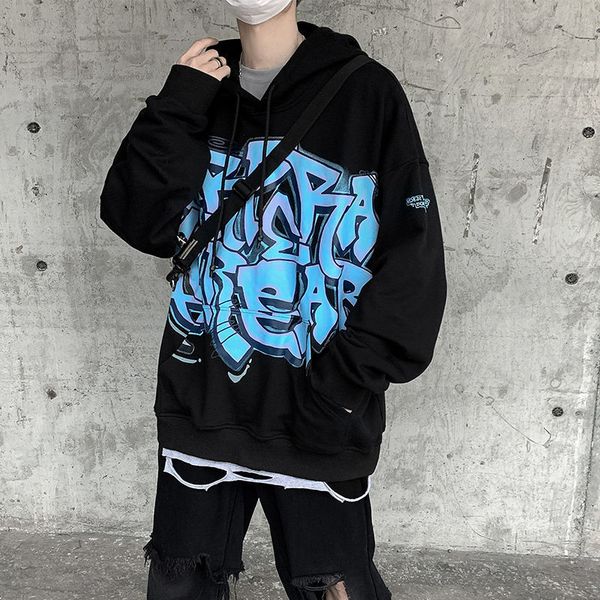 

2021 spring tide streetwear graffiti harajuku nightgown with hood male fashion hip-hop hoodie loose street hoodies 378r, Black