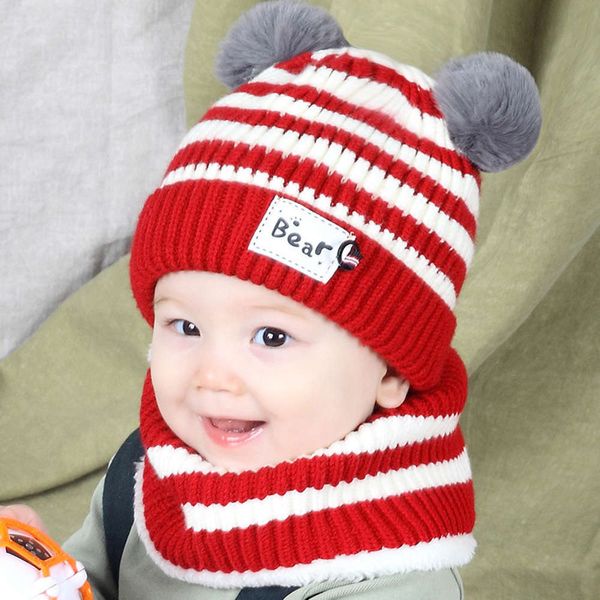 

autumn winter children's knitted scarf suit plush warm big ball striped baby wool hat, Red;brown