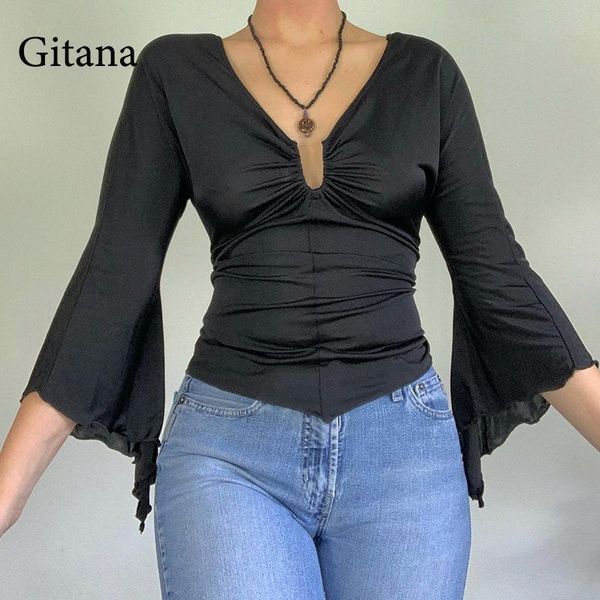 

gitana vintage flared sleeve t shirt woman v neck slim crop kawaii tee shirts autumn female clothing fairy grunge 220314, White