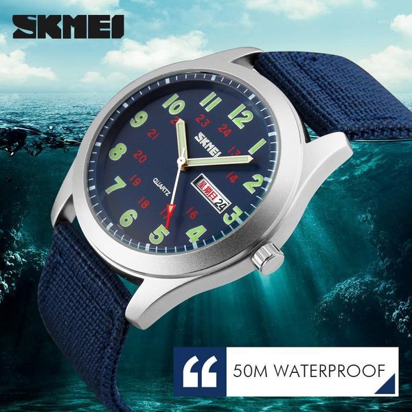 

wristwatches skmei brand men's watches waterproof nylon strap analog display date week men quartz watch casual wristwatch1, Slivery;brown