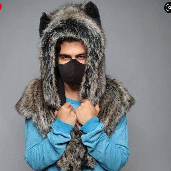 

women men winter faux fur hood animal hat wolf plush warm animal cap with shawl, Blue;gray