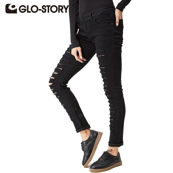

glo-story 2021 new fashion european style women pants skinny hole black high waist zipper torn jeans femme wnk-2105, Blue
