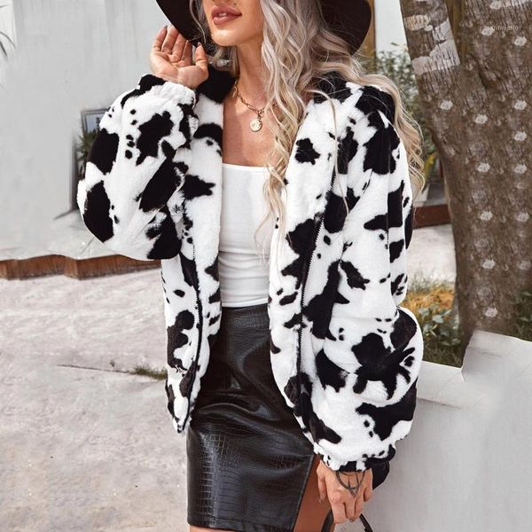

women hooded plush jacket autumn winter warm mid-length cow print long sleeve cardigan zipper casual fur short jacket coat #401, Black;brown
