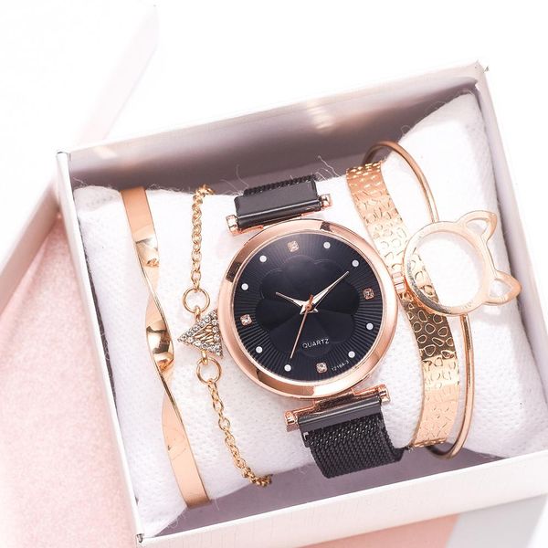 

luxury 5pcs luxury watch women fashion embossed flowers small fresh steel belt dial bracelet watch female student quartz watch relogio fashi, Slivery;brown