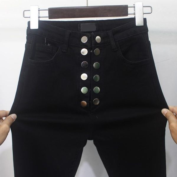 

fashion women high waist button denim pants retro slim jeans fleece lining pencil pants jeans female skinny trousers streetwear1, Blue