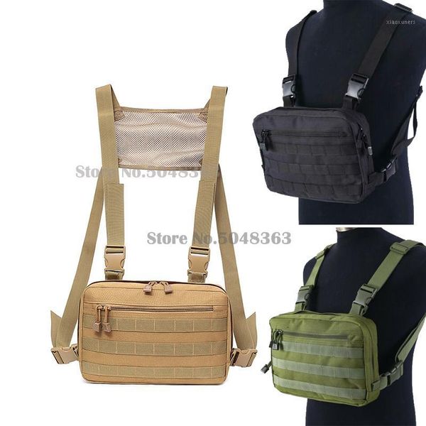 

hunting jackets tactical chest bag hip hop streetwear pouch adjustable molle front pack vest backpack mesh combat harness1, Camo;black