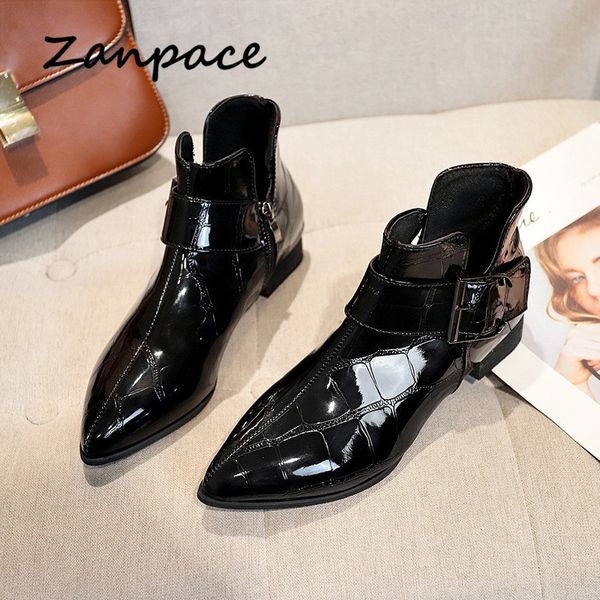 

zanpace 2020 retro leather women shoes spring low heel shiny pointed toe women's ankle boots zapatos de mujer, Red;white