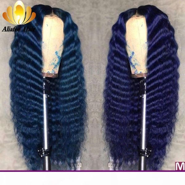 

deep wave темно-синий ombre цветные malaysia волос remy фронта шнурка 13x4 парики человеческих волос 150% pre сорванные с ребенком для женщи, Black;brown